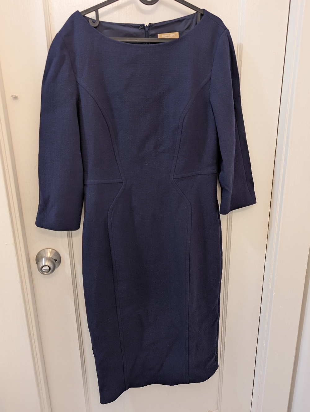 Michael Kors Collection SIZE 12 Stretch Wool Crepe Sheath Dress Navy Blue Sleeve
